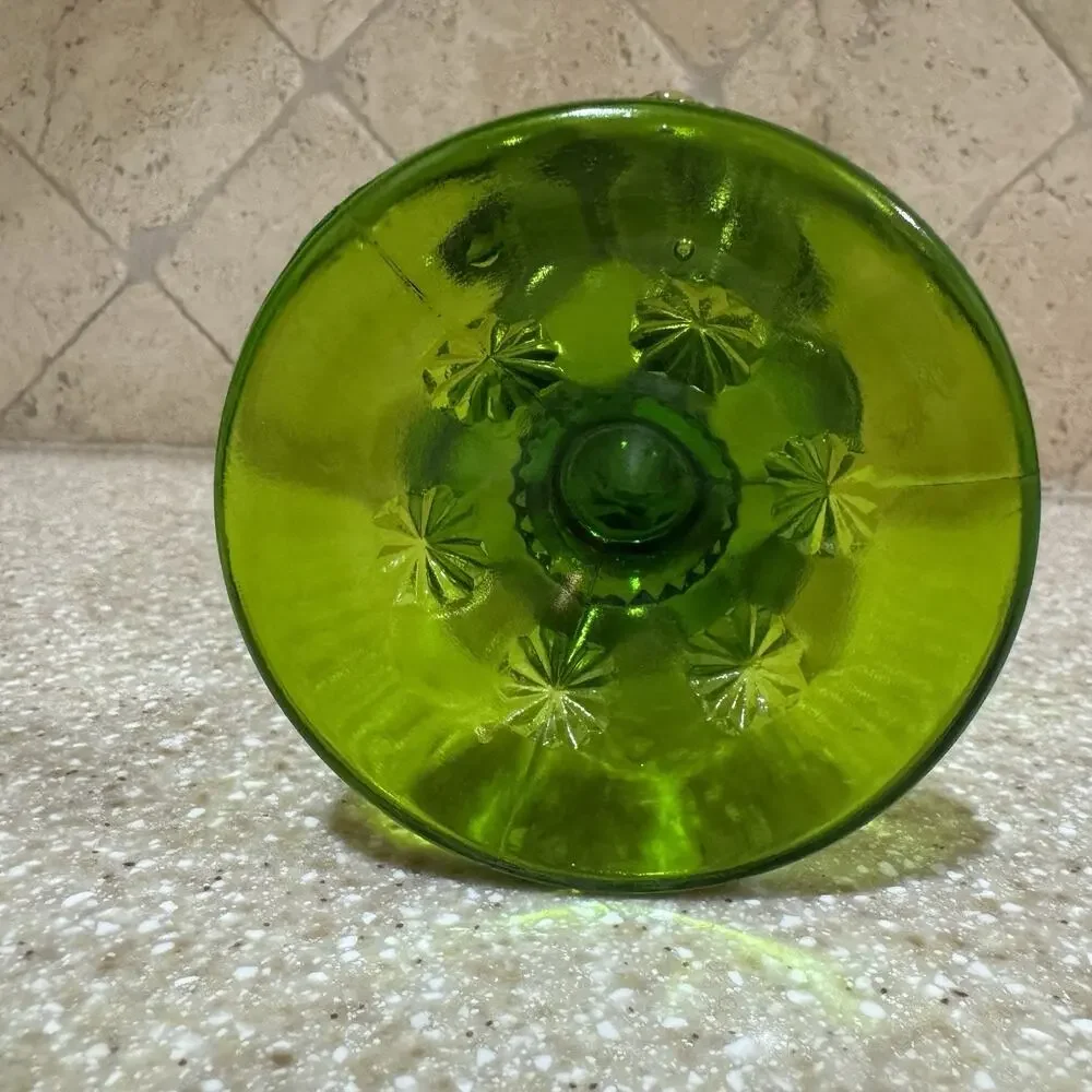 Vintage LE Smith Green Moon & Stars‎ Ruffled Footed Open Vase Compote 5 3/4